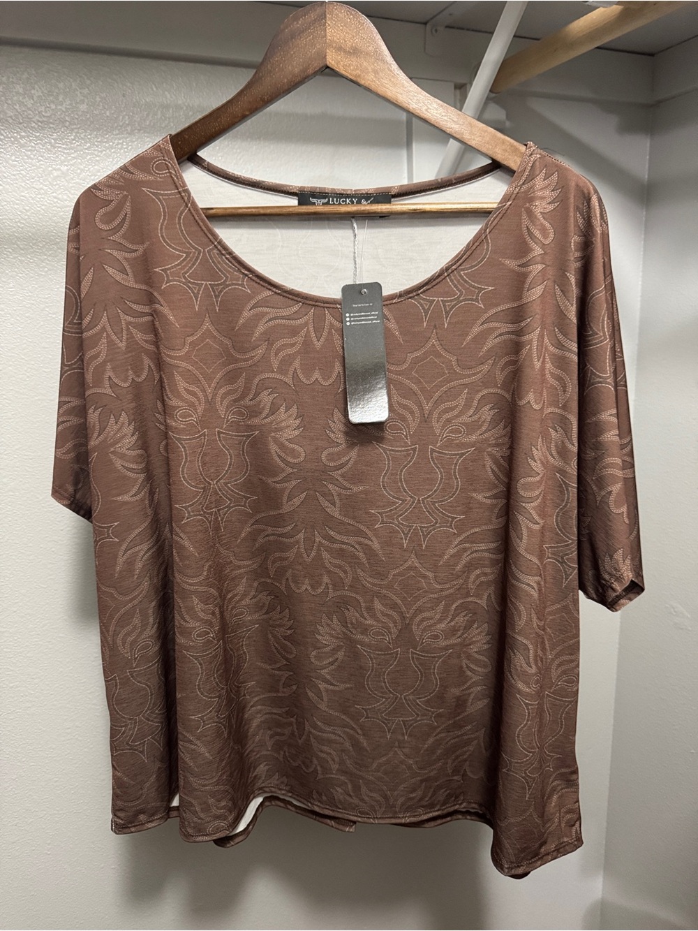 Lucky & Blessed Brown top with boot stitch design